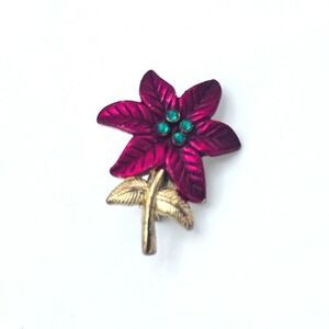 Vintage Magenta Enamel Red Festive Flower Brooch Gold Tone Green Rhinestones